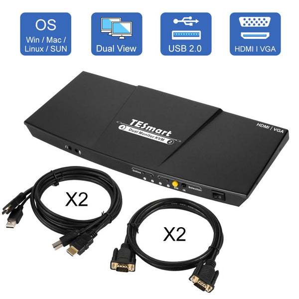 4K HDMI Dual Monitor KVM Switch 4 Port Input (2 HDMI +2VGA) 2 Port Output(HDMI) KVM Switch HDMI Support USB 2.0 4K@30Hz 4 Cables